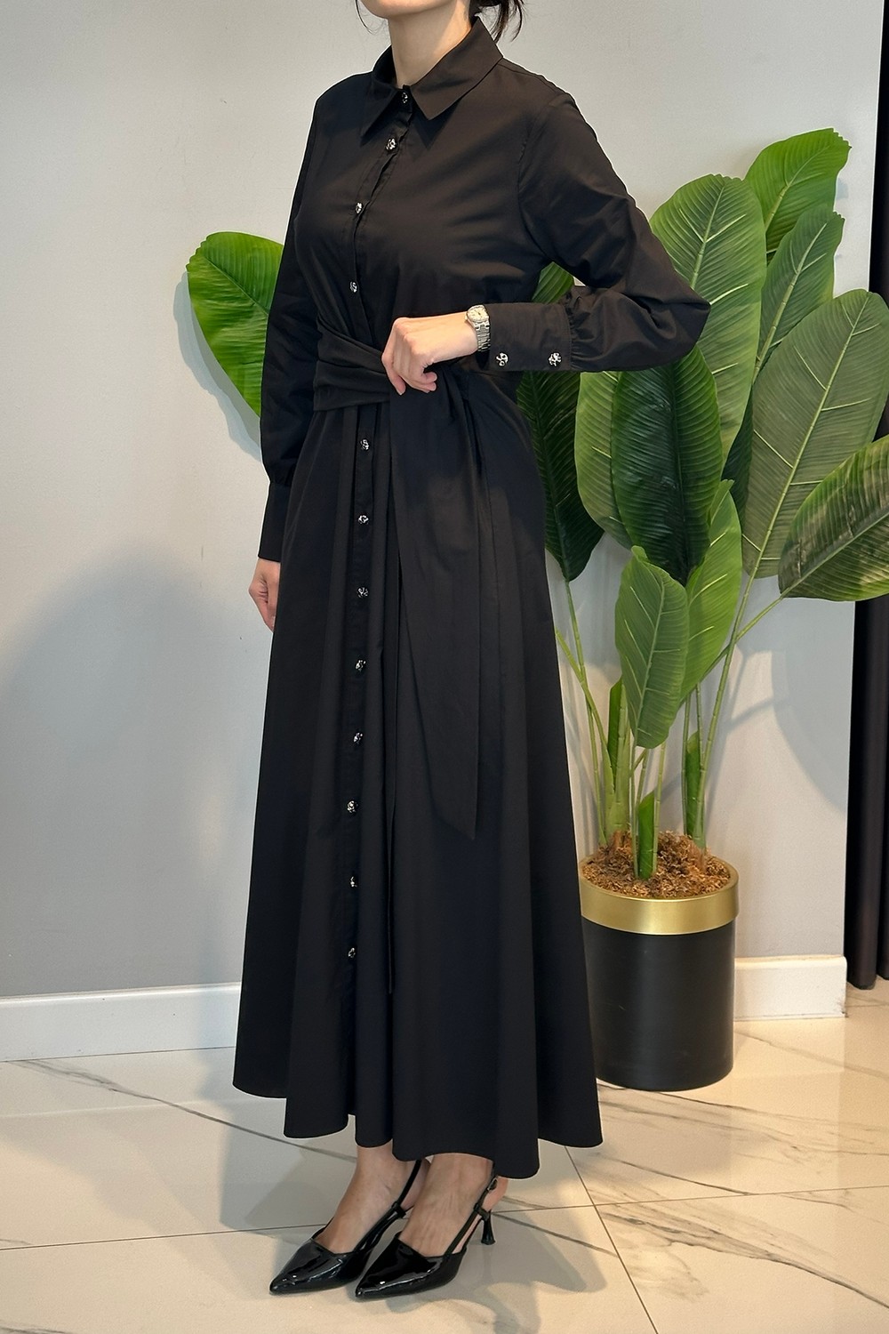Lale Butik Bağlama Detay Poplin Elbise 13254 Siyah görsel 4