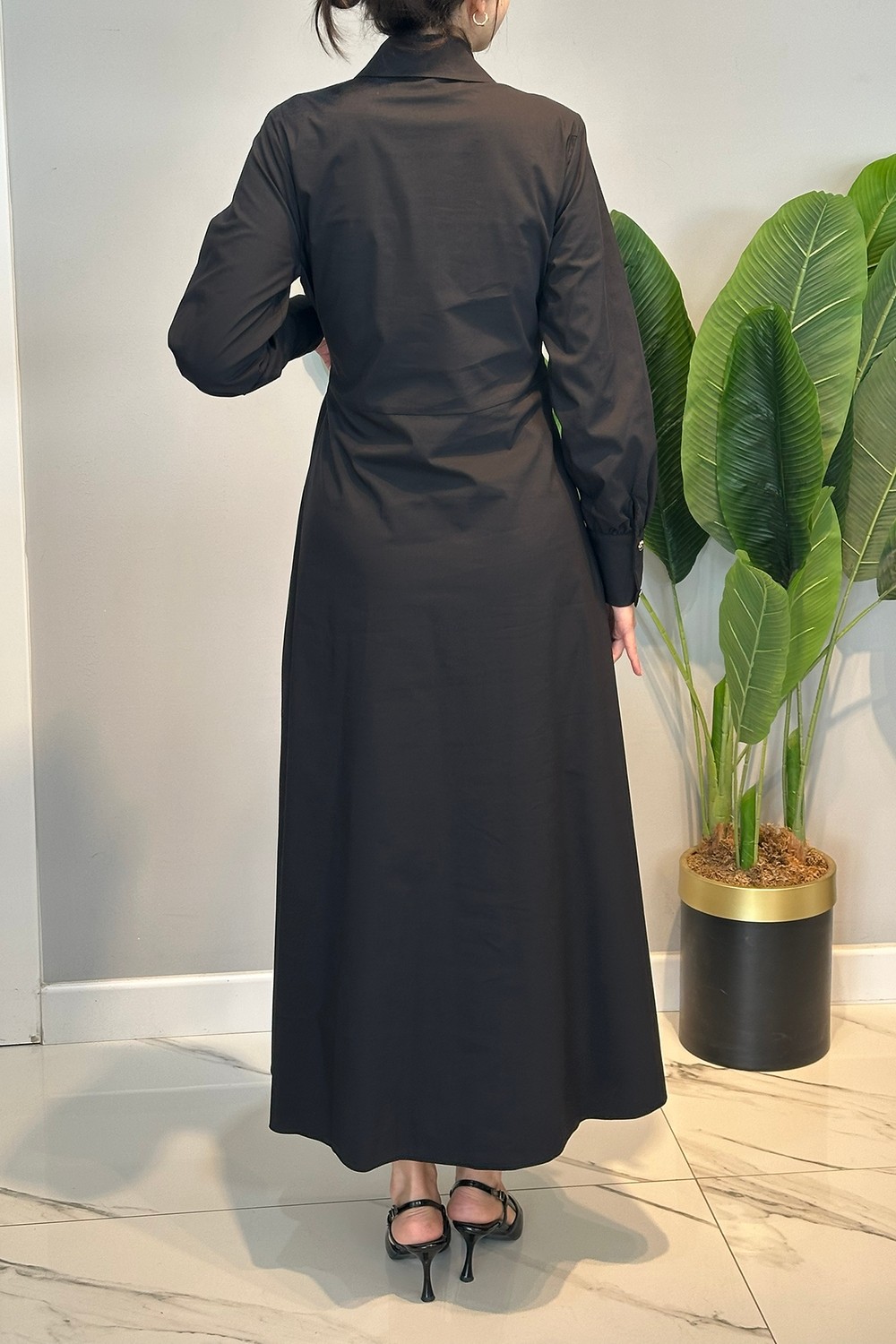 Lale Butik Bağlama Detay Poplin Elbise 13254 Siyah görsel 5