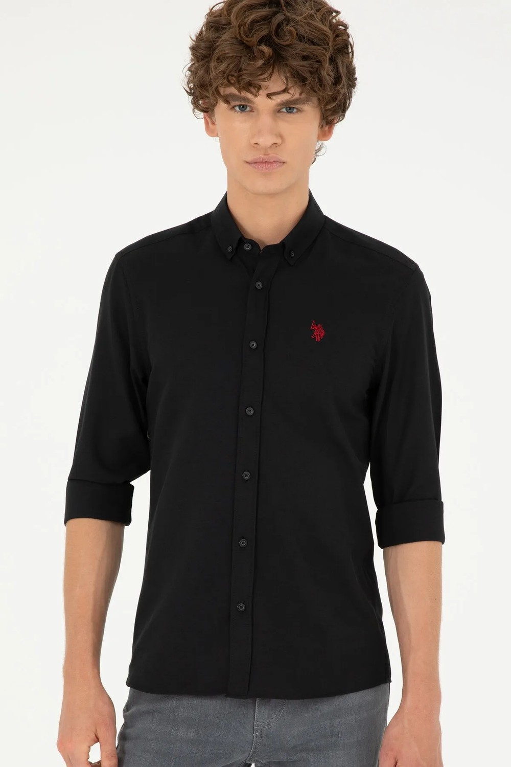 U.S. Polo Assn. Slim Fit Düz Siyah Erkek Gömlek Klasik Stil Truvakar Kol Kumaş görsel 4