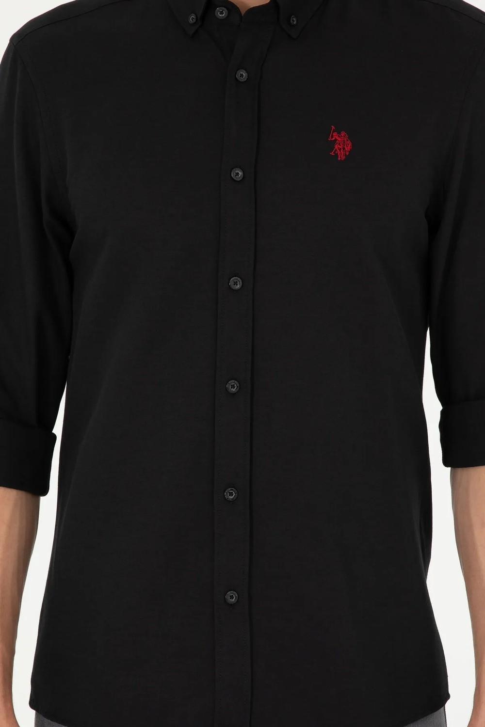 U.S. Polo Assn. Slim Fit Düz Siyah Erkek Gömlek Klasik Stil Truvakar Kol Kumaş görsel 5
