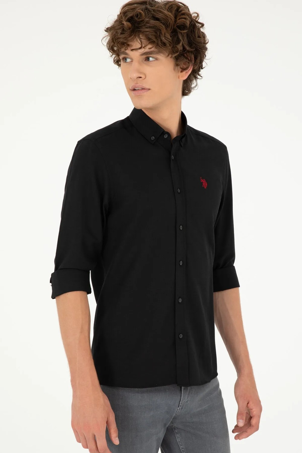U.S. Polo Assn. Slim Fit Düz Siyah Erkek Gömlek Klasik Stil Truvakar Kol Kumaş görsel 6