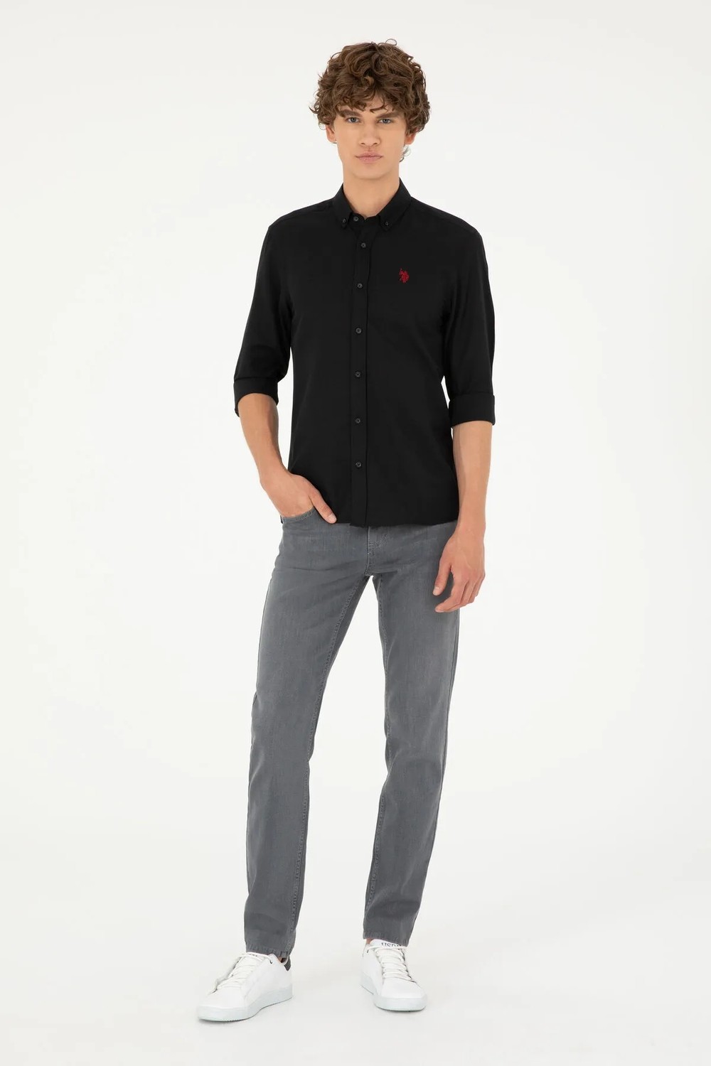 U.S. Polo Assn. Slim Fit Düz Siyah Erkek Gömlek Klasik Stil Truvakar Kol Kumaş görsel 7