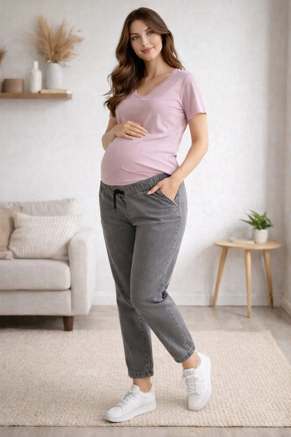 Meghan L.A Premium Comfort Hamile Kot Pantolon %83 Pamuk Lastikli & Ipli Bel Çift Cepli Gri