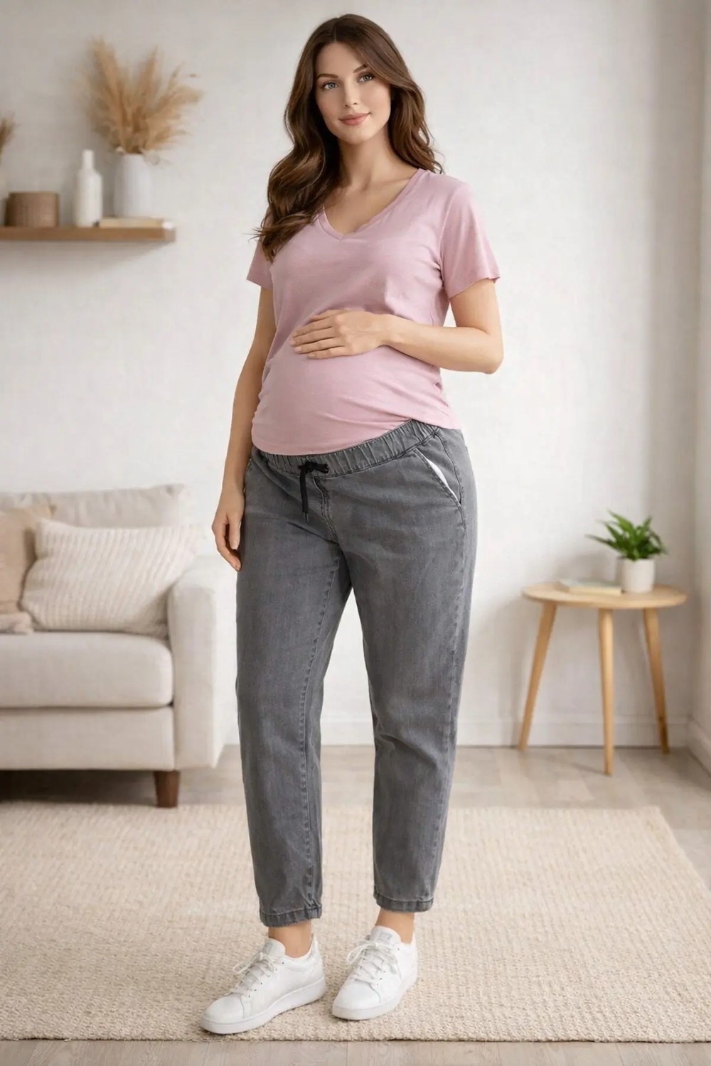 Meghan L.A Premium Comfort Hamile Kot Pantolon %83 Pamuk Lastikli & Ipli Bel Çift Cepli Gri görsel 2