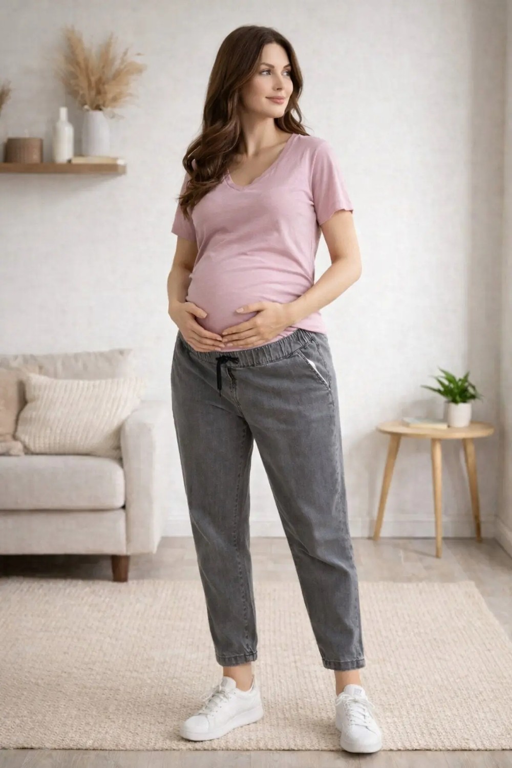 Meghan L.A Premium Comfort Hamile Kot Pantolon %83 Pamuk Lastikli & Ipli Bel Çift Cepli Gri görsel 3