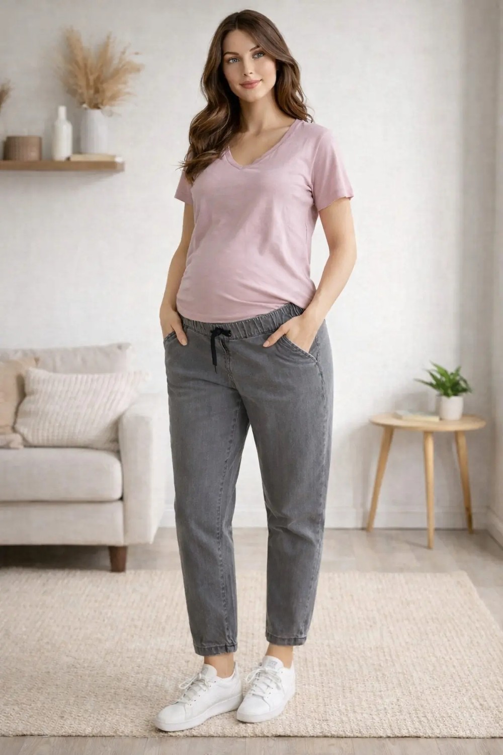 Meghan L.A Premium Comfort Hamile Kot Pantolon %83 Pamuk Lastikli & Ipli Bel Çift Cepli Gri görsel 4