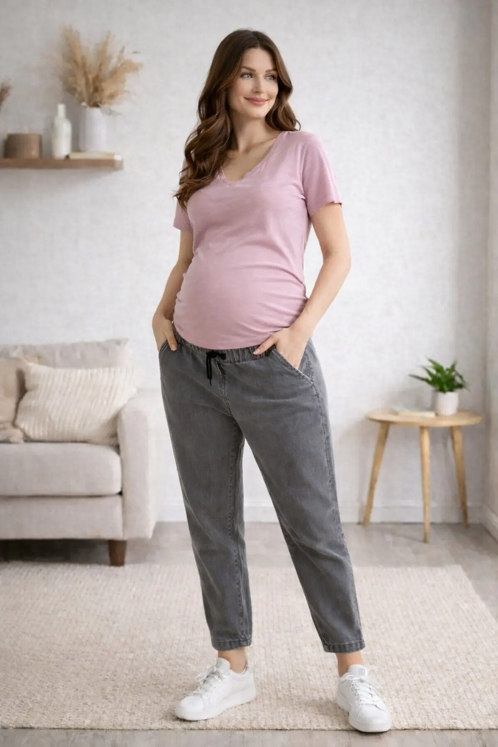 Meghan L.A Premium Comfort Hamile Kot Pantolon %83 Pamuk Lastikli & Ipli Bel Çift Cepli Gri görsel 5