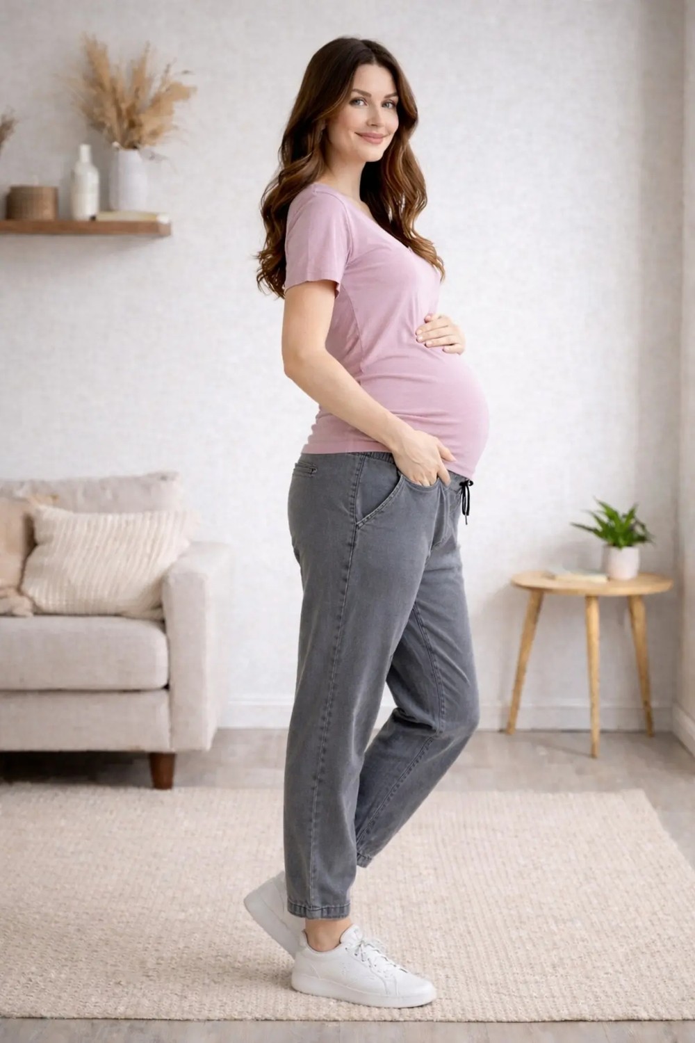 Meghan L.A Premium Comfort Hamile Kot Pantolon %83 Pamuk Lastikli & Ipli Bel Çift Cepli Gri görsel 6