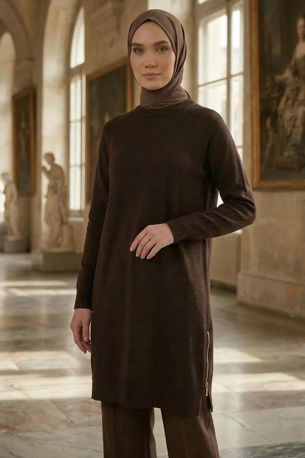 Gülseli Yan Fermuarlı Tesettür Triko Tunik P-00020925 görsel 6