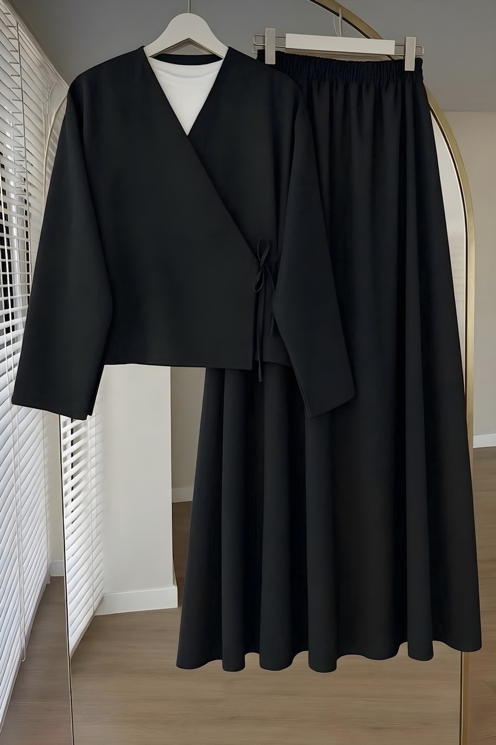 İmaj Butik Kahverengi Yandan Bağlamalı Dabıl Kimono Etekli Takım