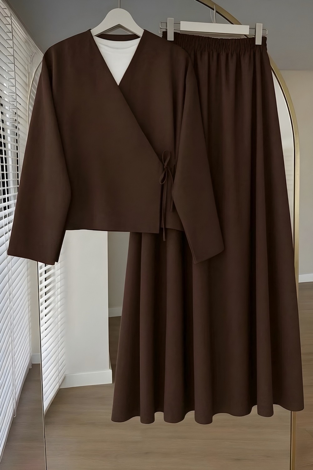 İmaj Butik Kahverengi Yandan Bağlamalı Dabıl Kimono Etekli Takım görsel 2