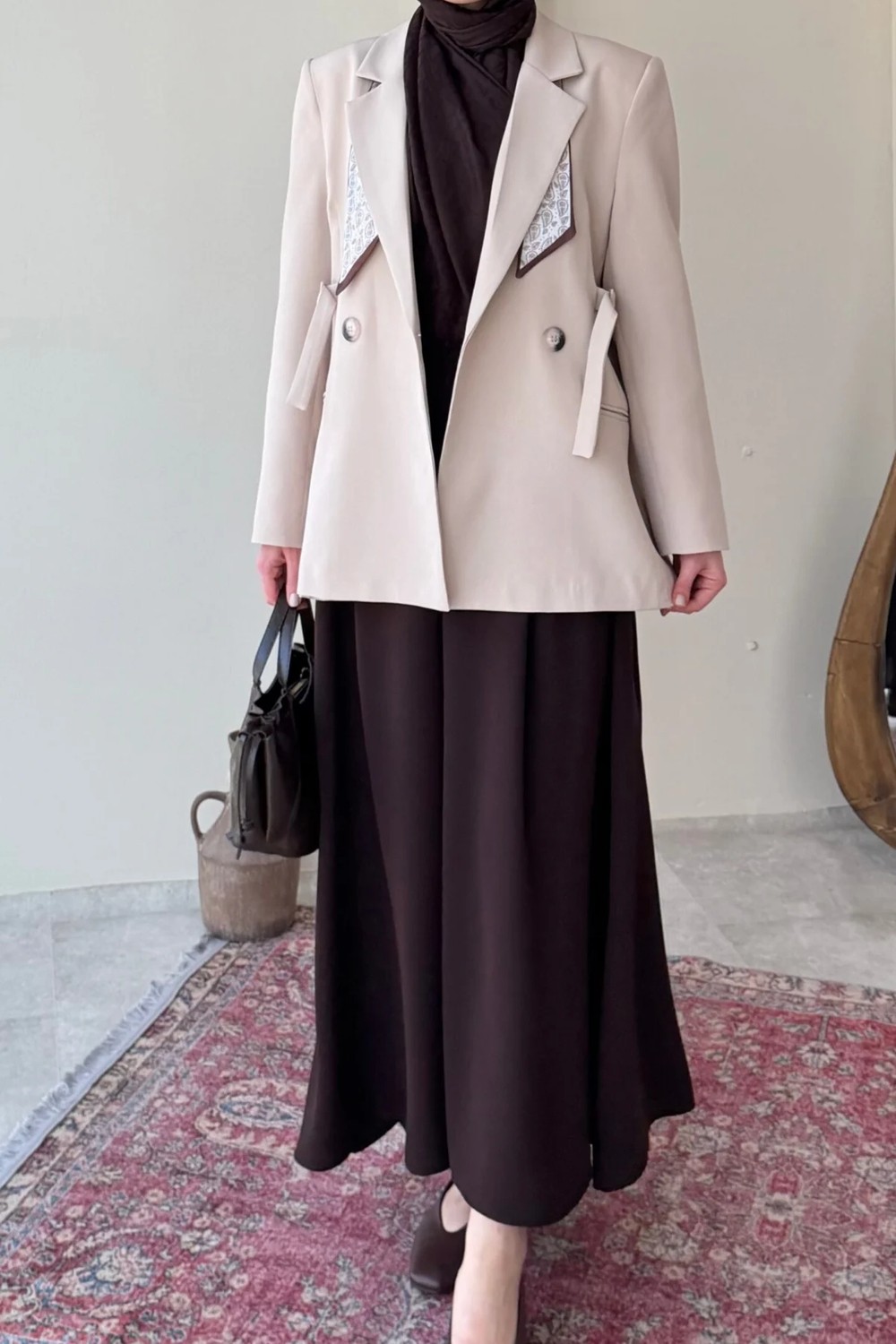 Tesettür Diyarı Kayle Kuşaklı Blazer Tesettür Ceket- Camel Standart (36-42 Beden Uyumlu) görsel 2