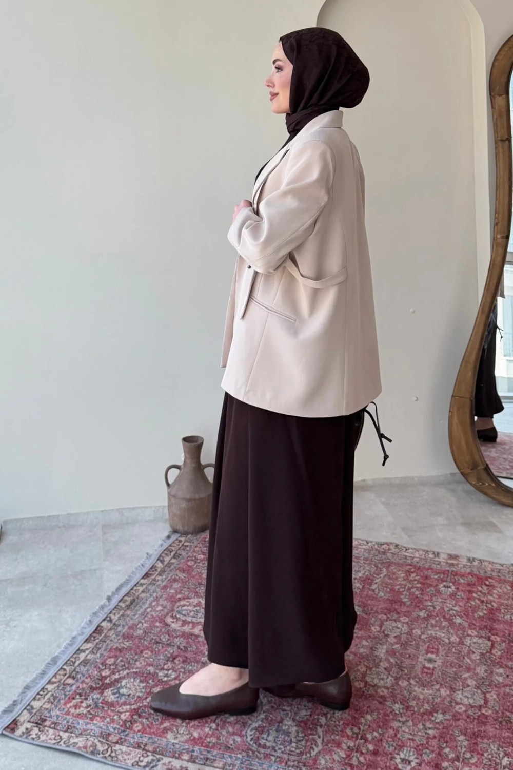 Tesettür Diyarı Kayle Kuşaklı Blazer Tesettür Ceket- Camel Standart (36-42 Beden Uyumlu) görsel 4