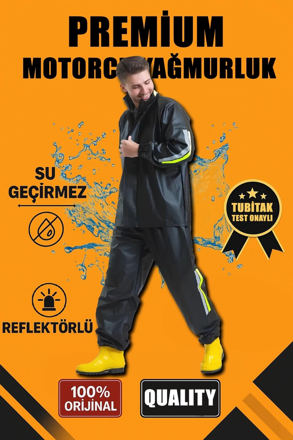 Velmora Fashion Premium Motorcu Kurye Yağmurluk Takım Su Geçirmez Pvc Kumaş Reflektörlü Tübitak Onaylı - Siyah -