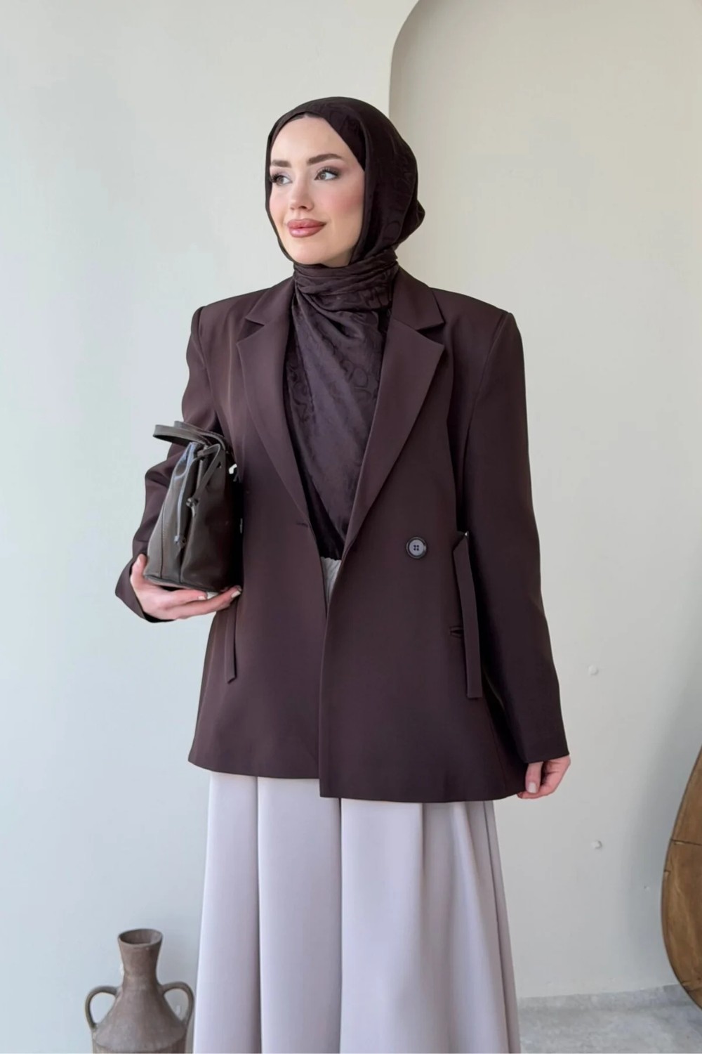 Tesettür Diyarı Kayle Kuşaklı Blazer Tesettür Ceket- Camel Standart (36-42 Beden Uyumlu) görsel 6