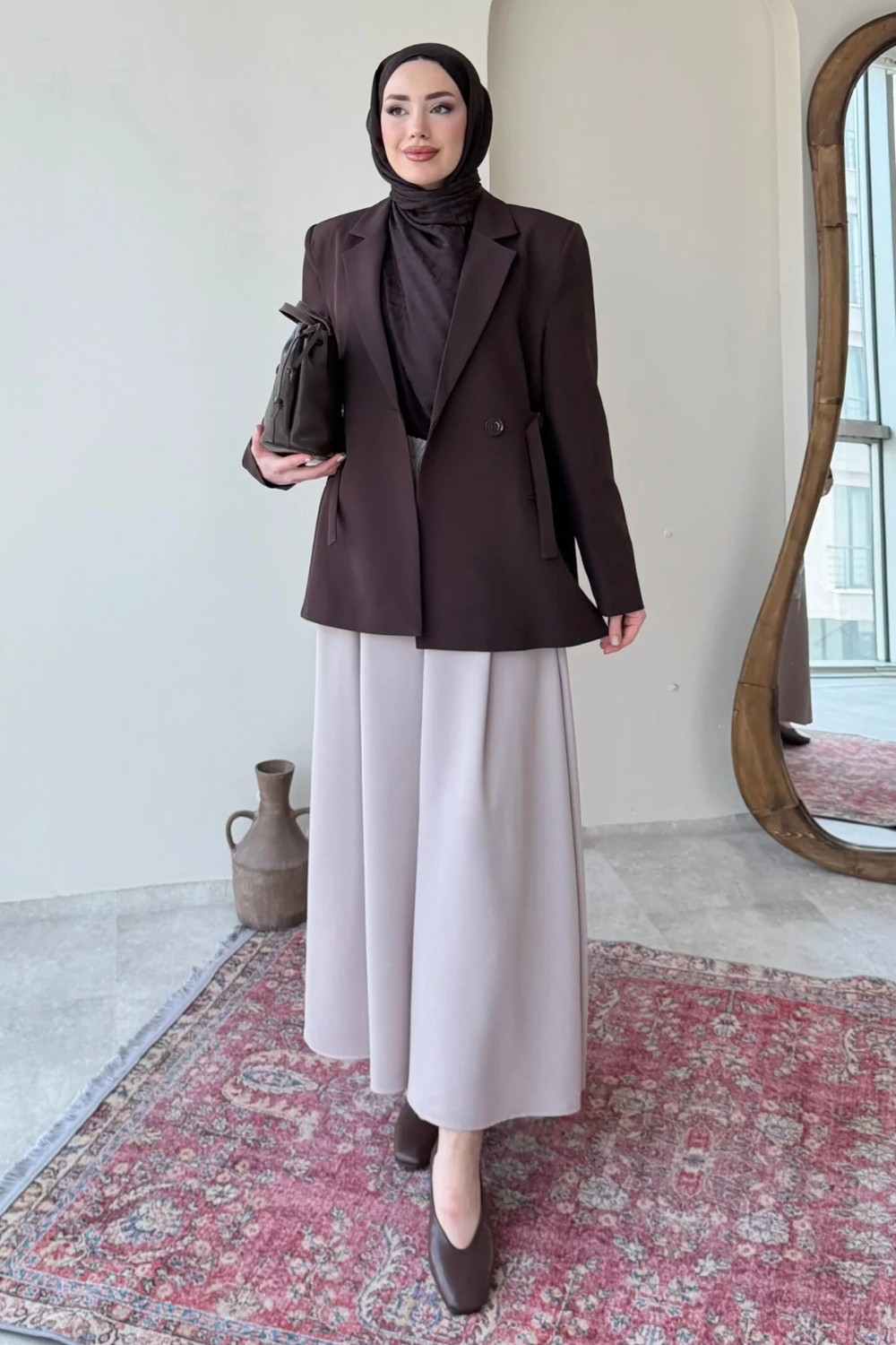 Tesettür Diyarı Kayle Kuşaklı Blazer Tesettür Ceket- Camel Standart (36-42 Beden Uyumlu) görsel 7
