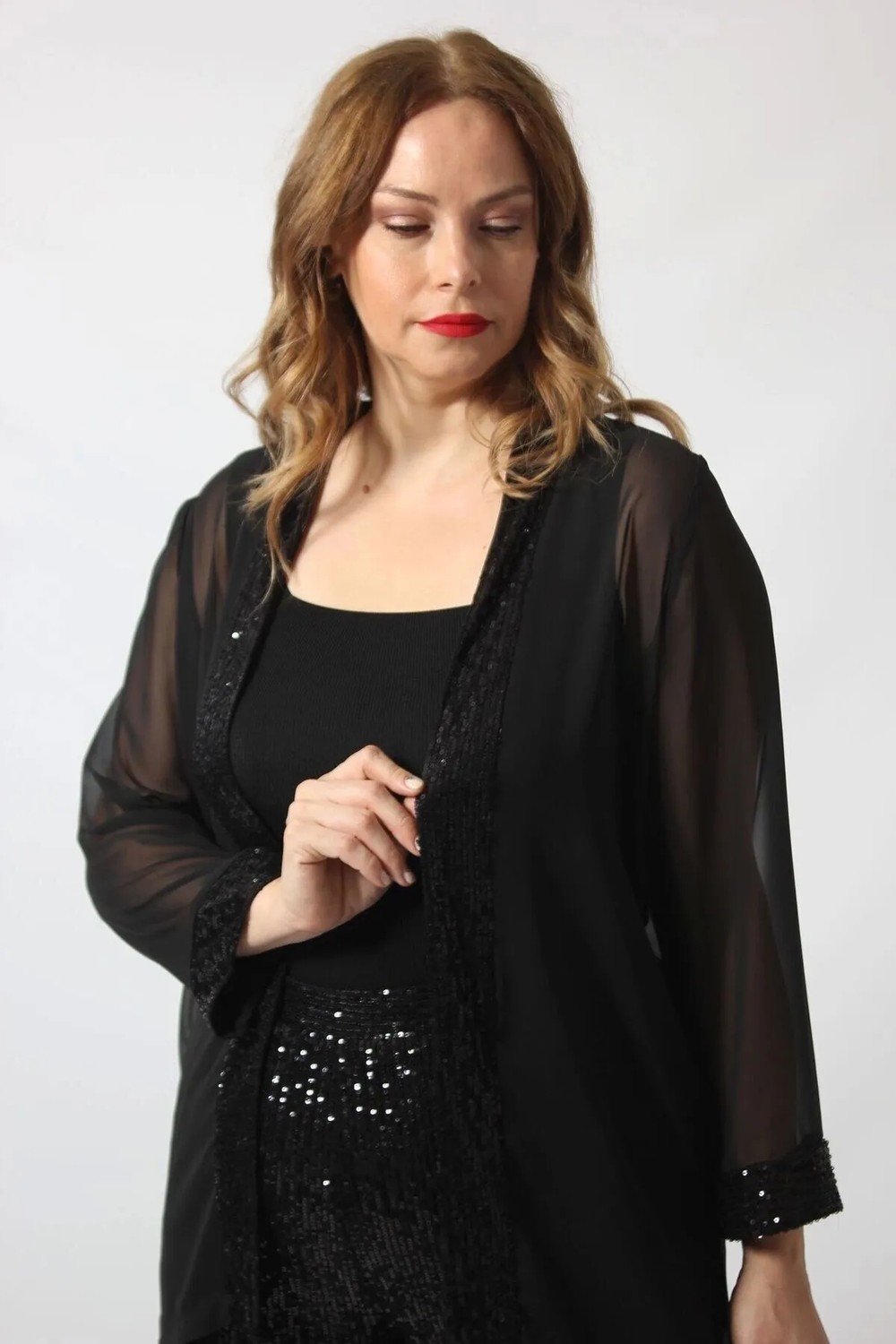 Moda Berray Kadın Payet Detaylı Şifon Blazer Ceket Siyah Modern Kesim Büyük Beden görsel 6
