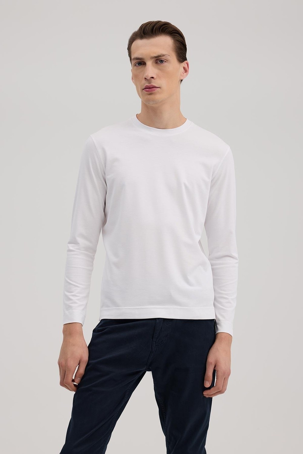 Jakamen Beyaz Slim Fit Bisiklet Yaka Rayon Uzun Kollu Basic T-Shirt görsel 2