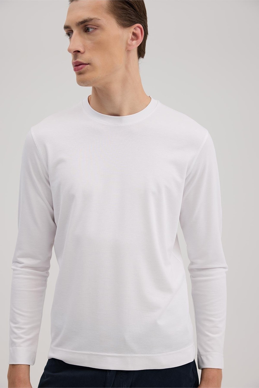 Jakamen Beyaz Slim Fit Bisiklet Yaka Rayon Uzun Kollu Basic T-Shirt görsel 3