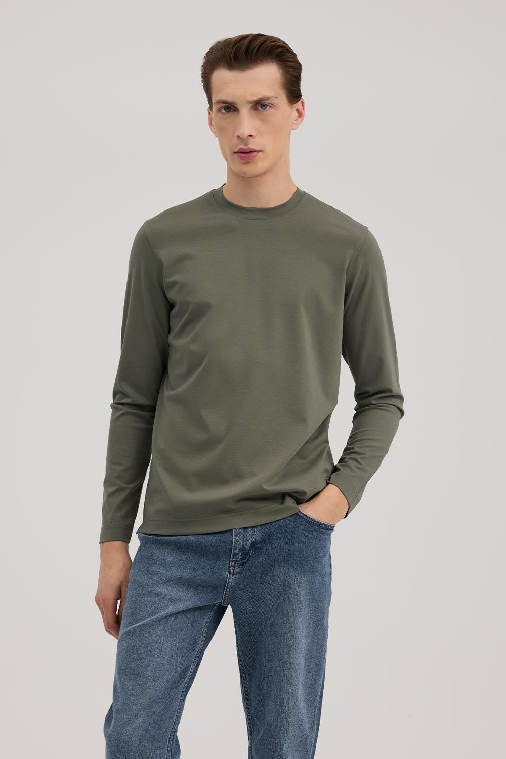 Jakamen Beyaz Slim Fit Bisiklet Yaka Rayon Uzun Kollu Basic T-Shirt