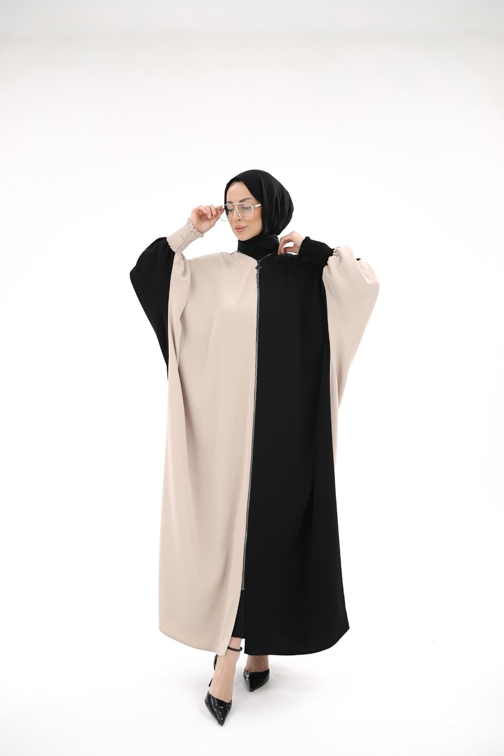 Kadeem Giyim Yarasa Abaya & Siyah Bej -2328 görsel 8