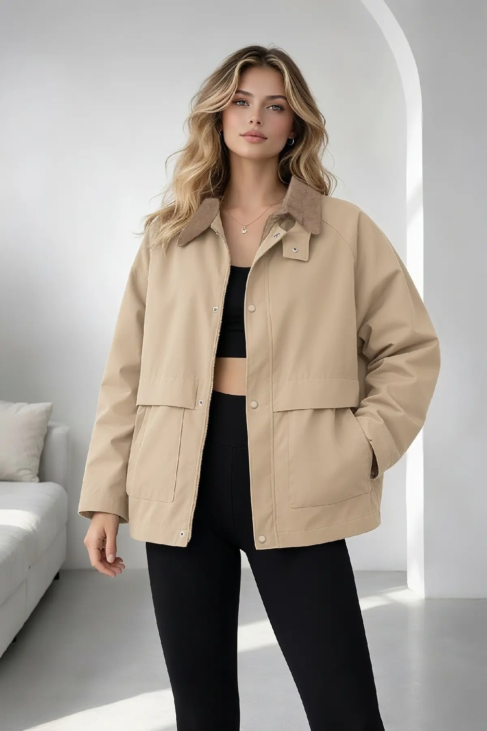 Belirtilmemiş Taş Oversize Kadife Yaka ve Çıtçıt Detaylı Unisex Mevsimlik Mont&ceket