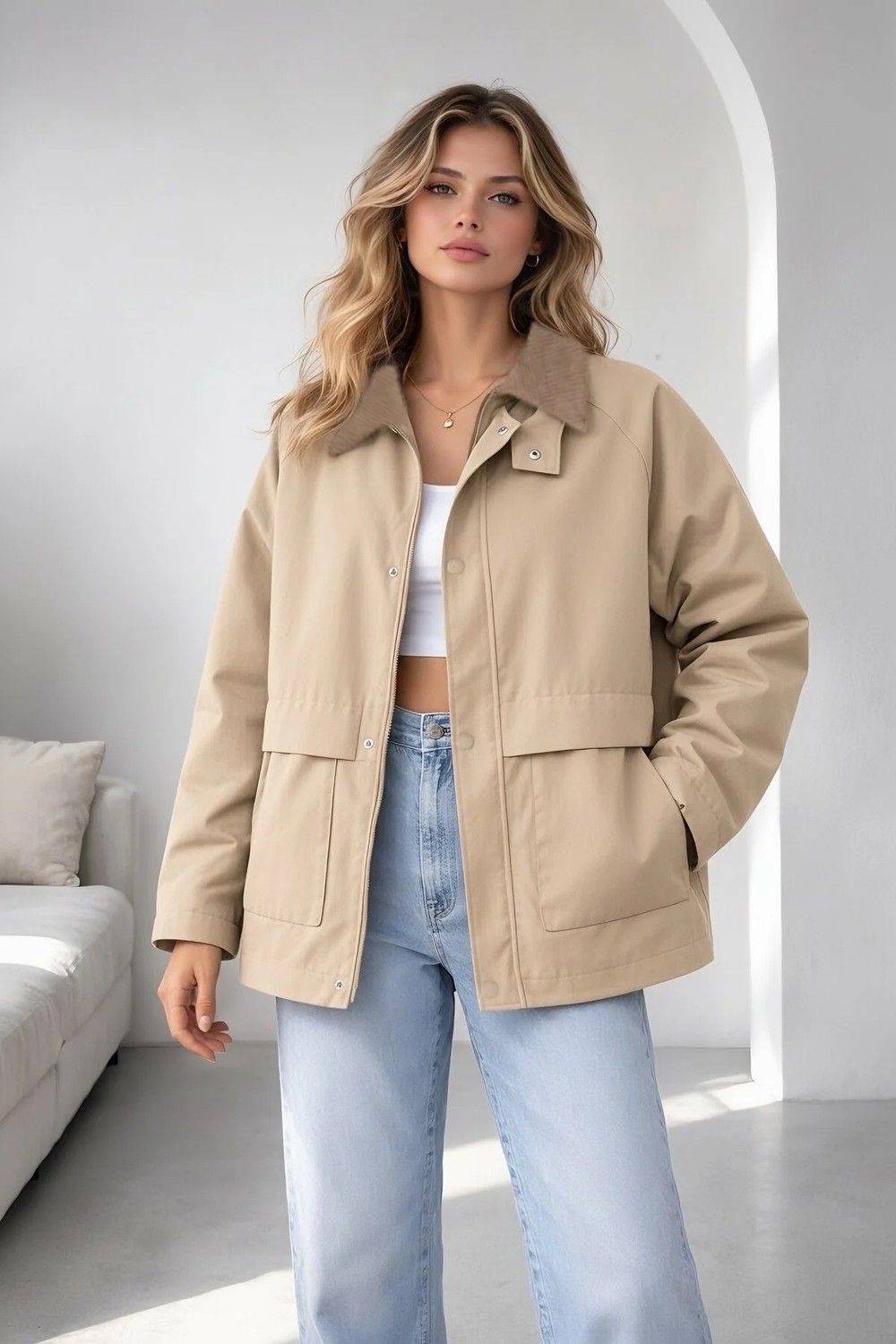 Belirtilmemiş Taş Oversize Kadife Yaka ve Çıtçıt Detaylı Unisex Mevsimlik Mont&ceket görsel 2