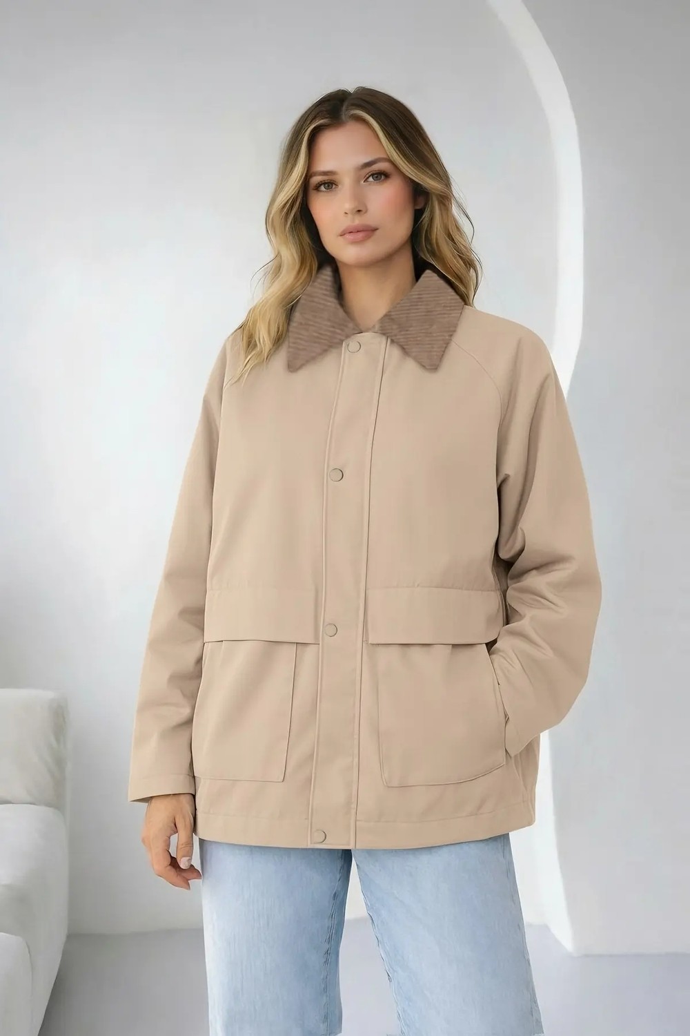 Belirtilmemiş Taş Oversize Kadife Yaka ve Çıtçıt Detaylı Unisex Mevsimlik Mont&ceket görsel 4