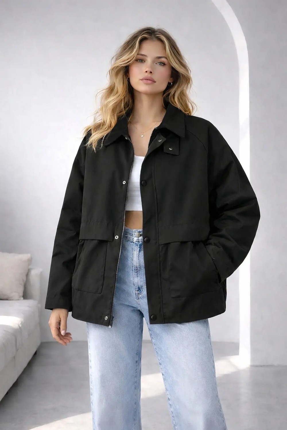 Belirtilmemiş Taş Oversize Kadife Yaka ve Çıtçıt Detaylı Unisex Mevsimlik Mont&ceket