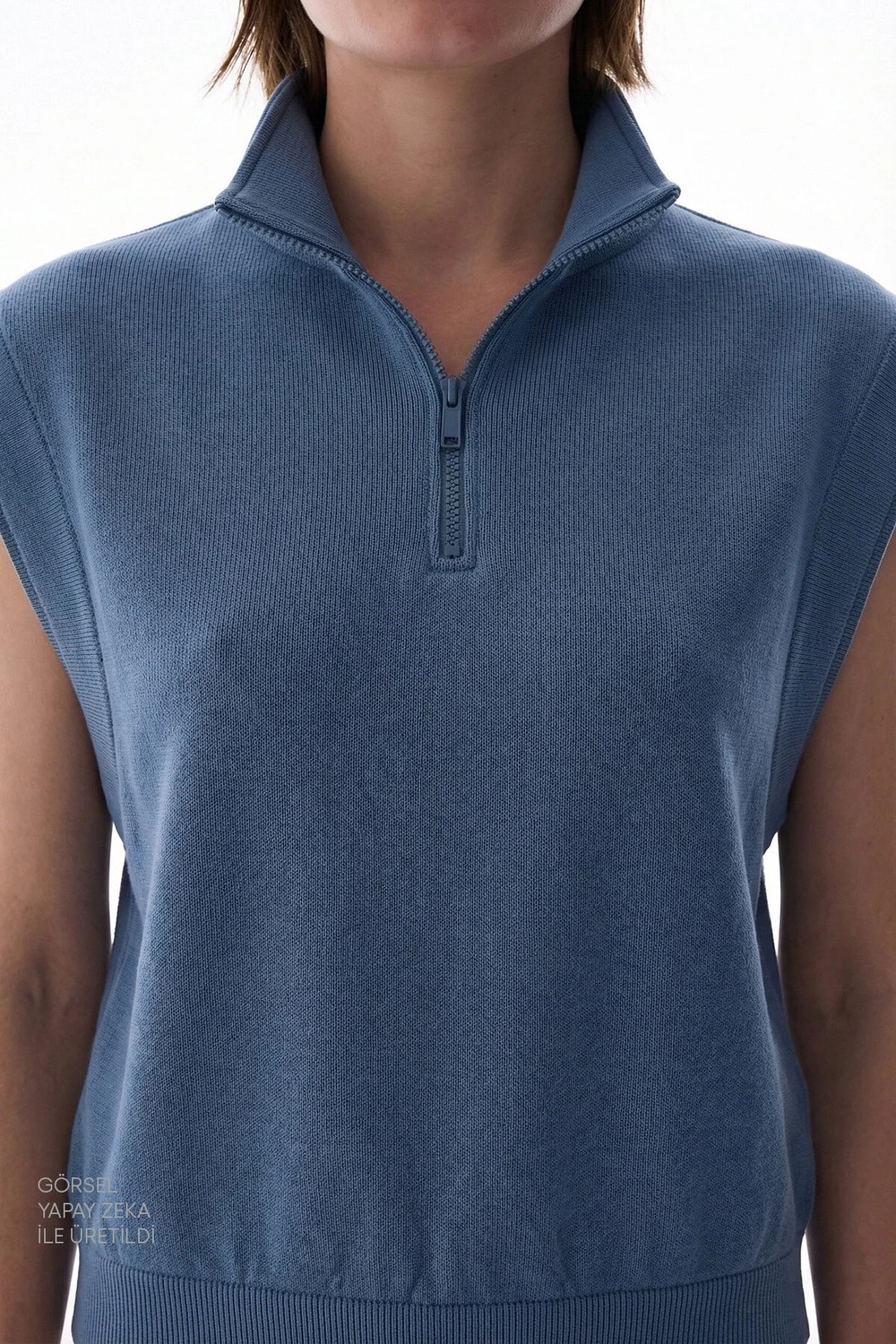 Penti Mavi Nura Yarım Fermuarlı Kısa Kollu Sweatshirt görsel 3