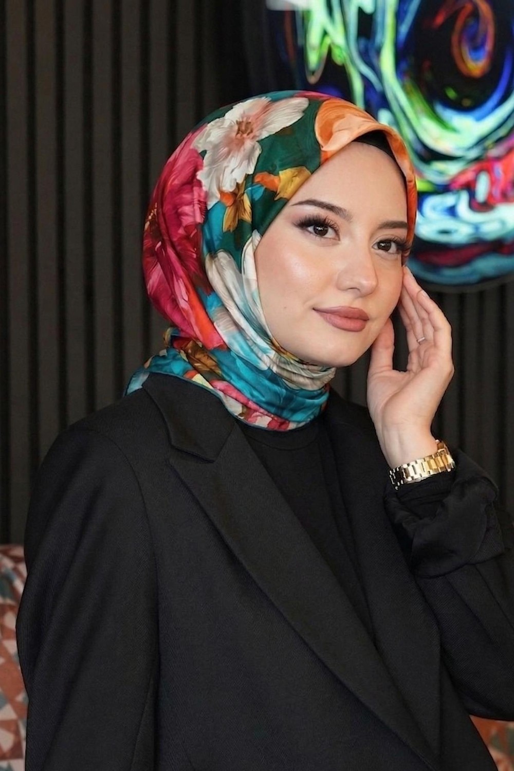Afvente Mozaik Desen Lacivert Soft Pamuk Eşarp