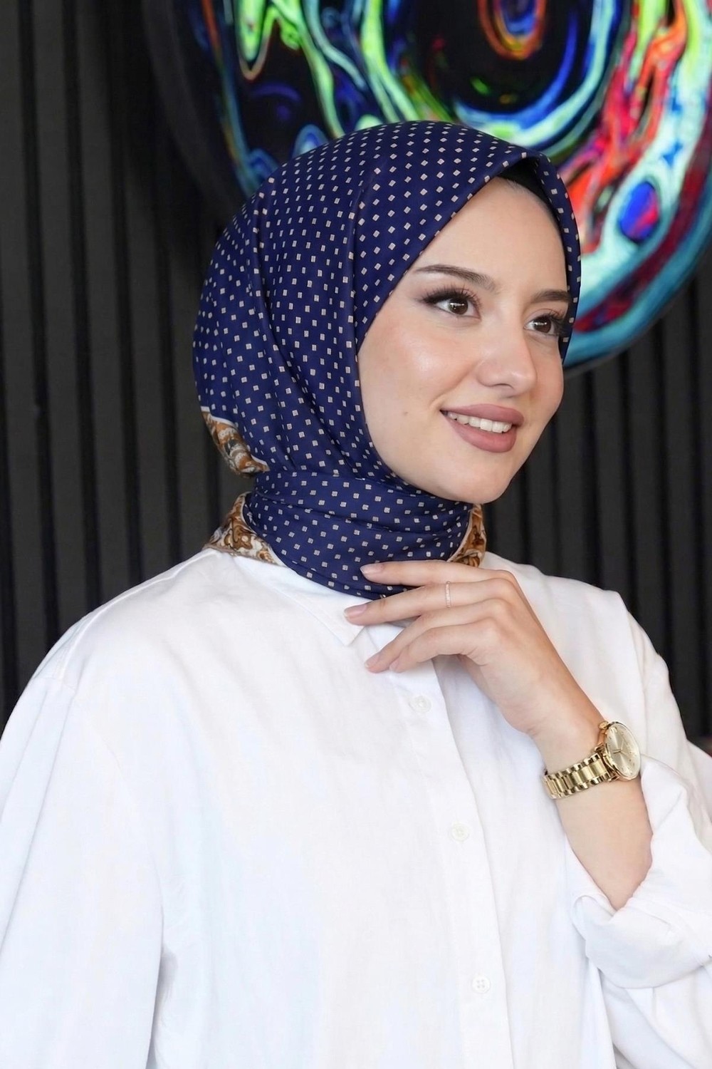 Afvente Mozaik Desen Lacivert Soft Pamuk Eşarp görsel 5