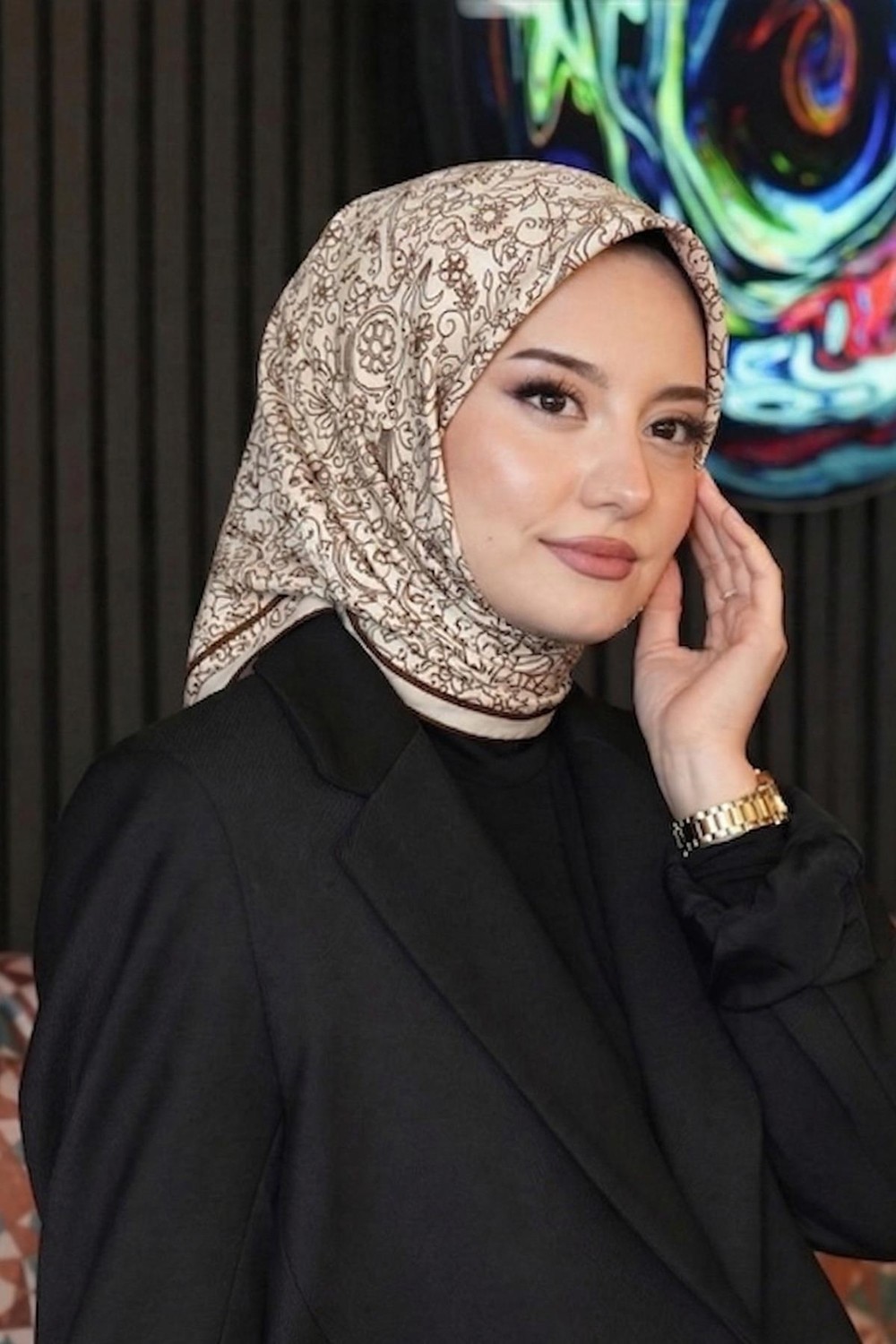Afvente Mozaik Desen Lacivert Soft Pamuk Eşarp