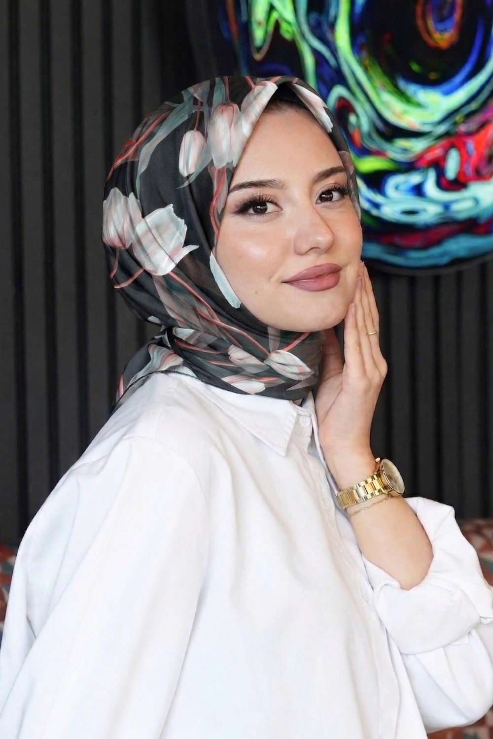 Afvente Mozaik Desen Lacivert Soft Pamuk Eşarp görsel 3