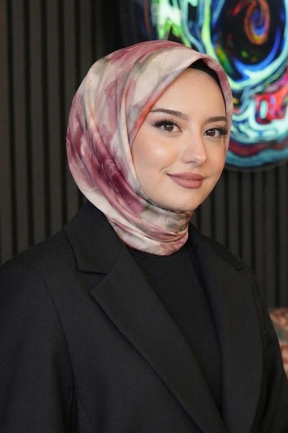 Afvente Mozaik Desen Lacivert Soft Pamuk Eşarp görsel 2