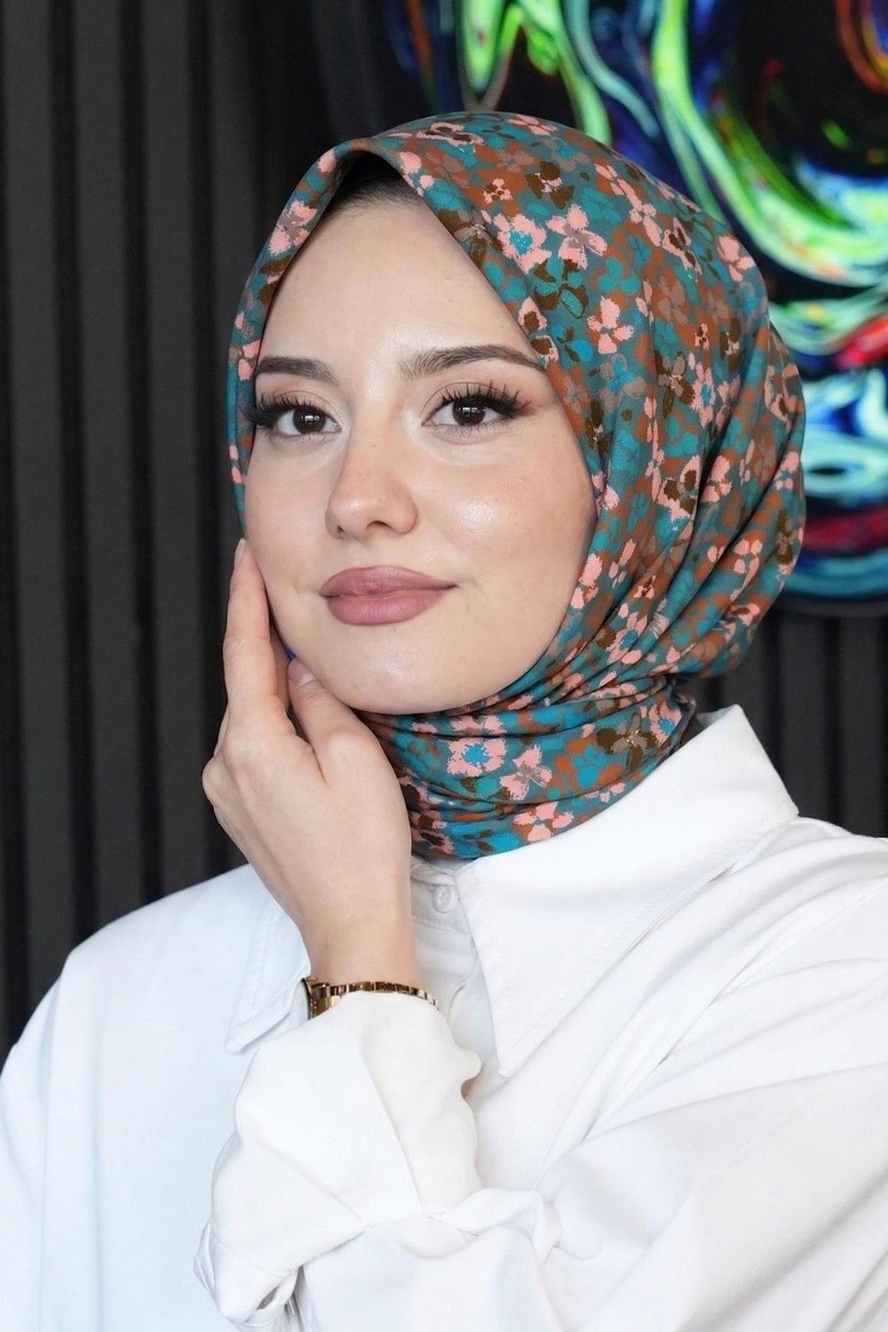 Afvente Mini Çiçek Desen Mercan Soft Pamuk Eşarp