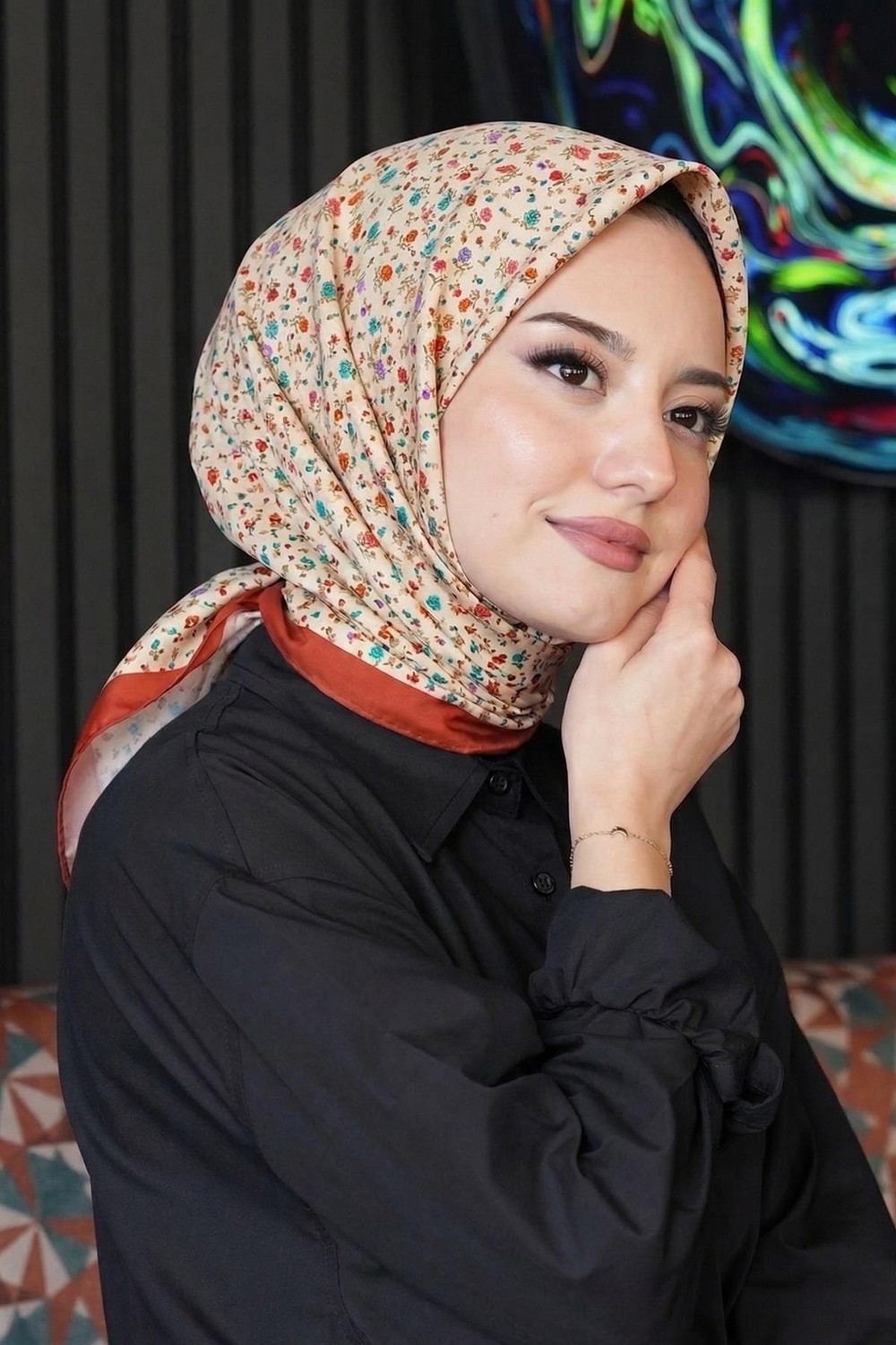 Afvente Mini Çiçek Desen Mercan Soft Pamuk Eşarp
