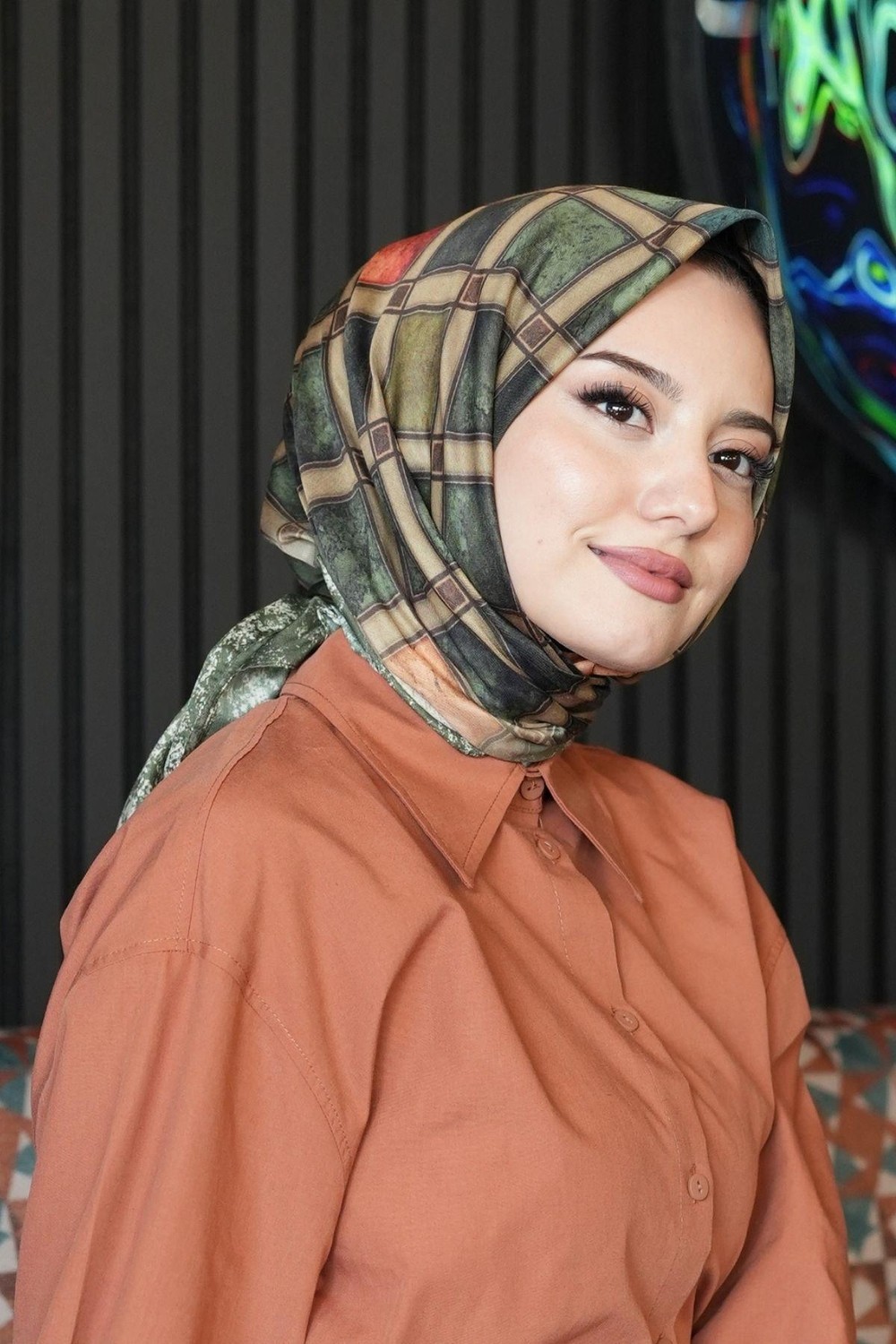 Afvente Geometrik Desen Yeşil Soft Pamuk Eşarp - Taba görsel 5