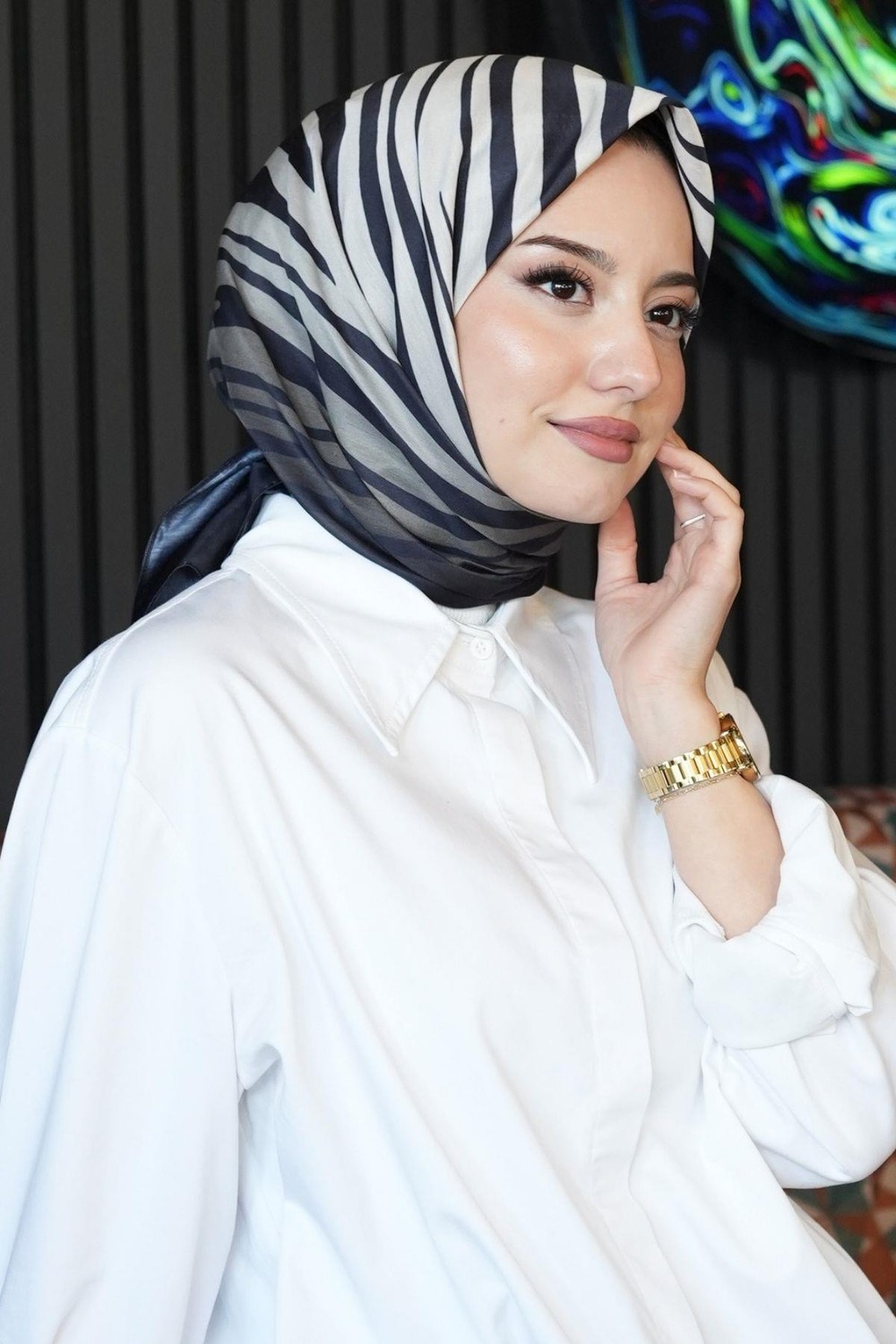 Afvente Yaprak Desen Açık-Gri Soft Pamuk Eşarp - Latte