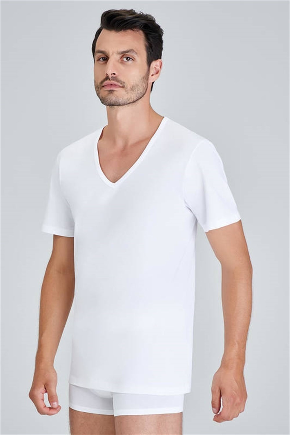 Kom Enrico V Yaka 2'li Erkek T-Shirt Kısa Kol Beyaz %100 Pamuklu Rahat Kesim görsel 7