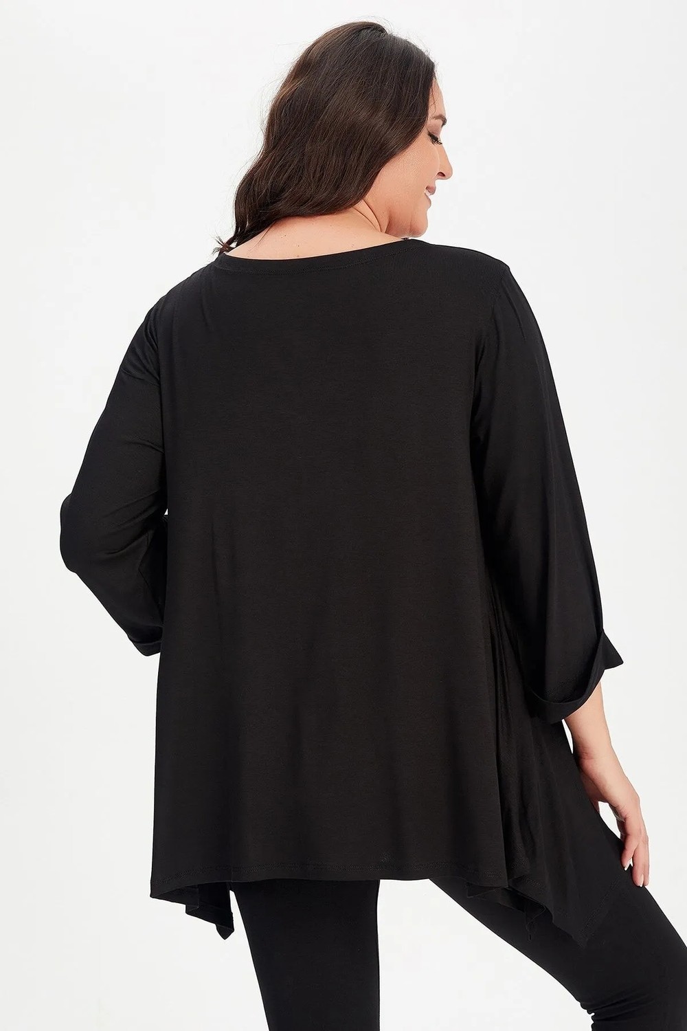 Curvy Trend Büyük Beden Siyah Yaka Bağcıklı Kol Katlamalı Tunik Esnek Yumuşak Kumaş görsel 6