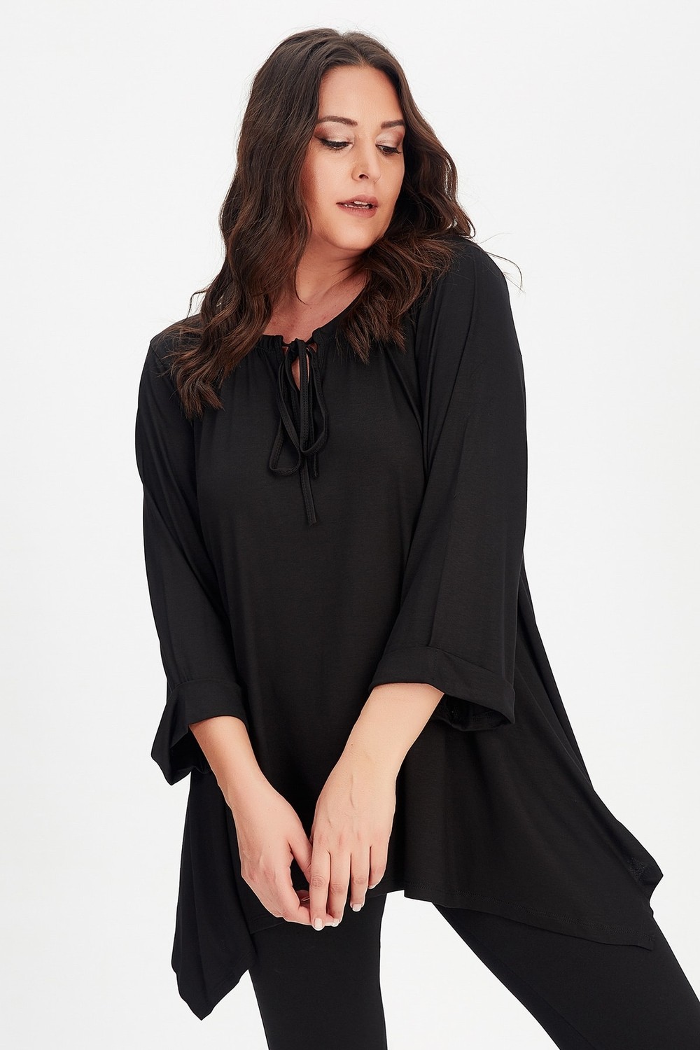 Curvy Trend Büyük Beden Siyah Yaka Bağcıklı Kol Katlamalı Tunik Esnek Yumuşak Kumaş görsel 7