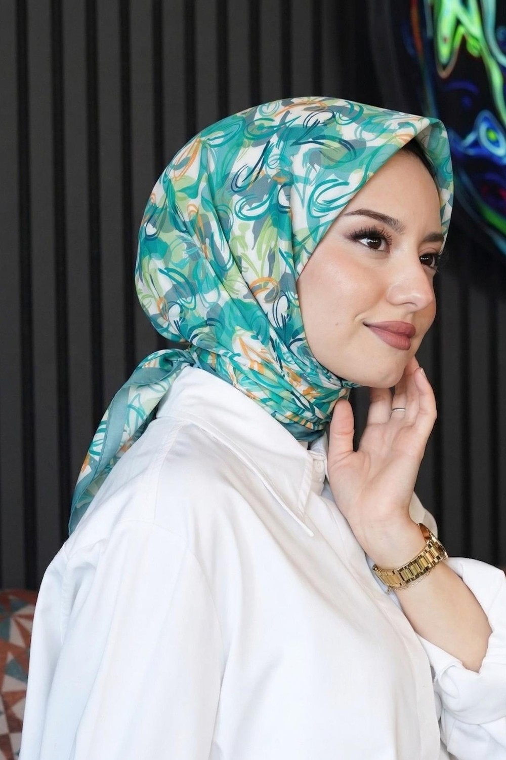 Afvente Mozaik Desen Lacivert Soft Pamuk Eşarp görsel 4