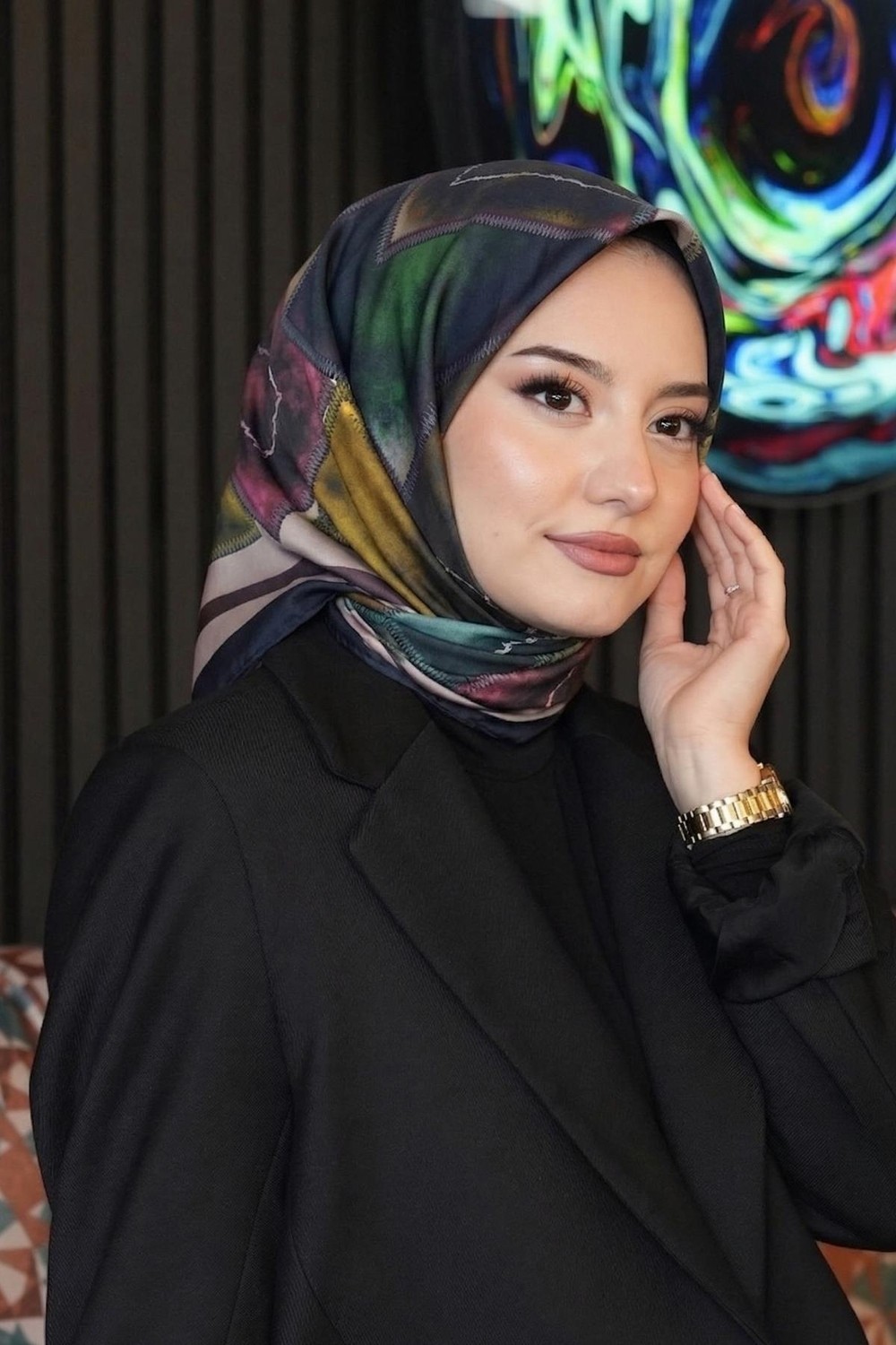 Afvente Yaprak Desen Açık-Gri Soft Pamuk Eşarp - Latte