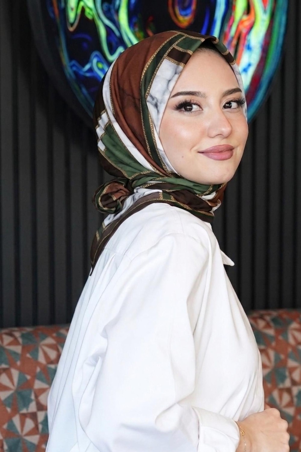 Afvente Yaprak Desen Açık-Gri Soft Pamuk Eşarp - Latte görsel 3