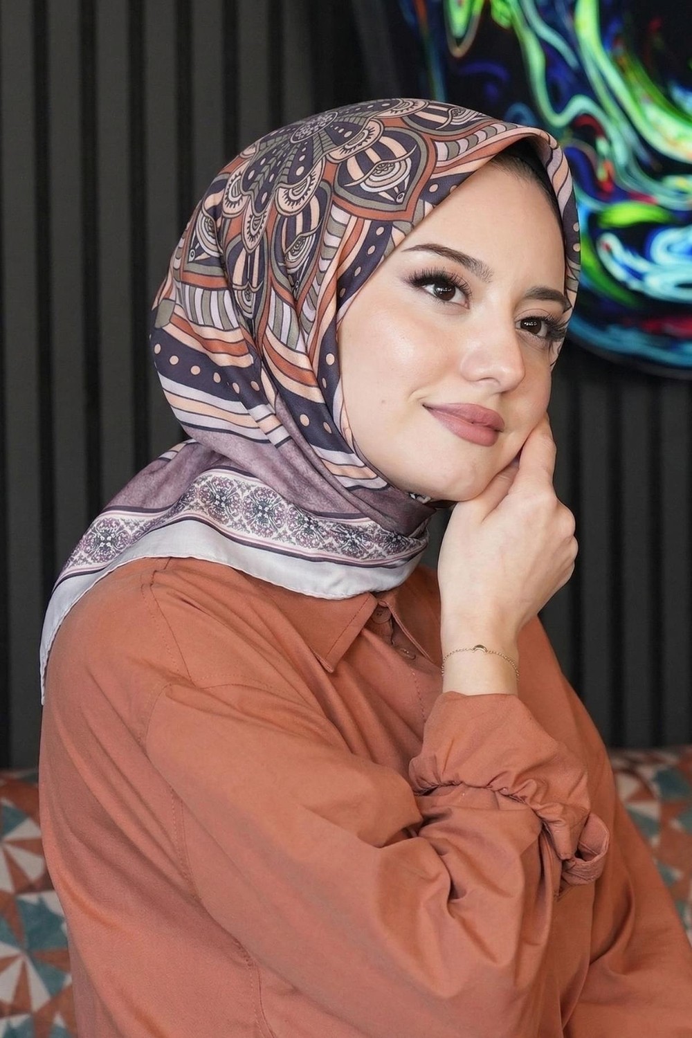 Afvente Zambak Çiçek Desen Lavanta Soft Pamuk Eşarp