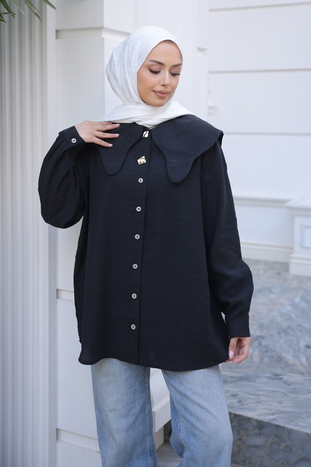 İmaj Butik Siyah Yaka Detaylı Düğmeli Gömlek