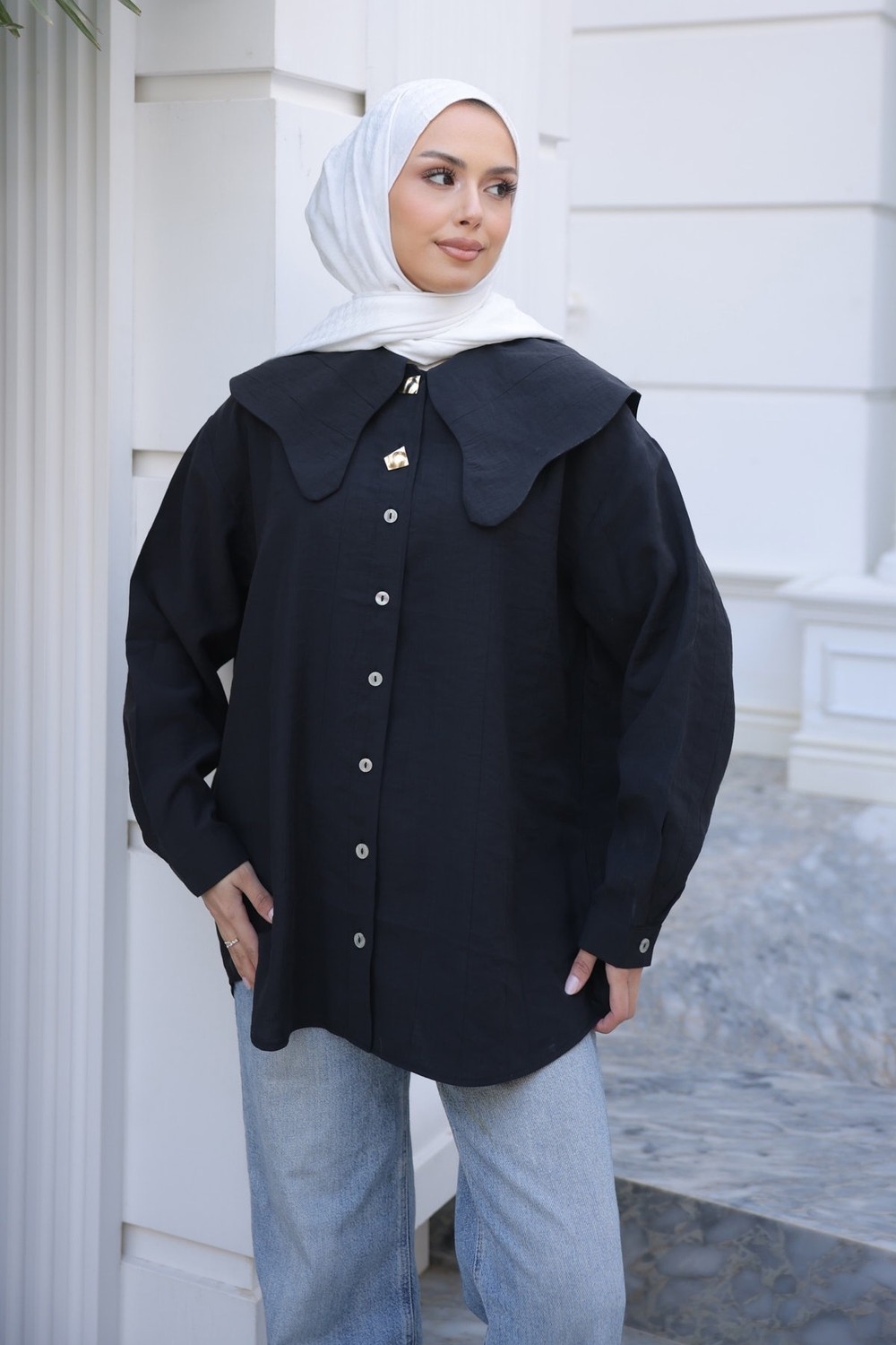 İmaj Butik Siyah Yaka Detaylı Düğmeli Gömlek görsel 3