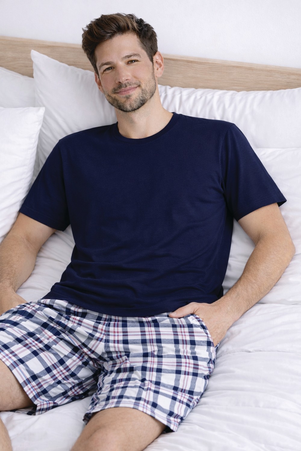 Koza İç Giyim Erkek Pamuklu Ekose Desenli Kısa Kollu Cepli Şortlu Pijama Takımı