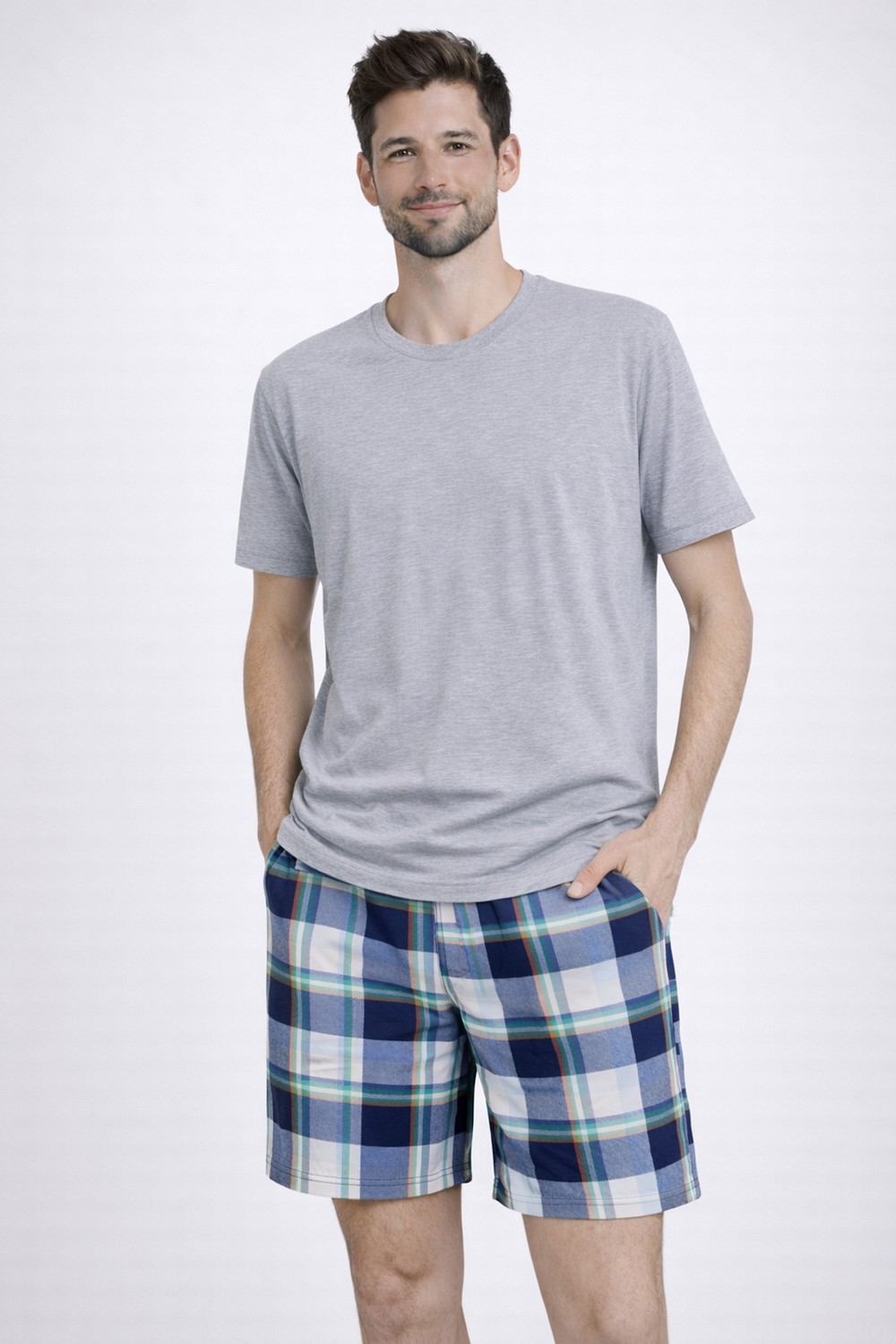 Koza İç Giyim Erkek Pamuklu Ekose Desenli Kısa Kollu Cepli Şortlu Pijama Takımı
